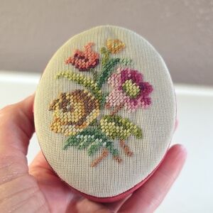 Vintage Petit Point Floral Bouquet Satin Trinket Box